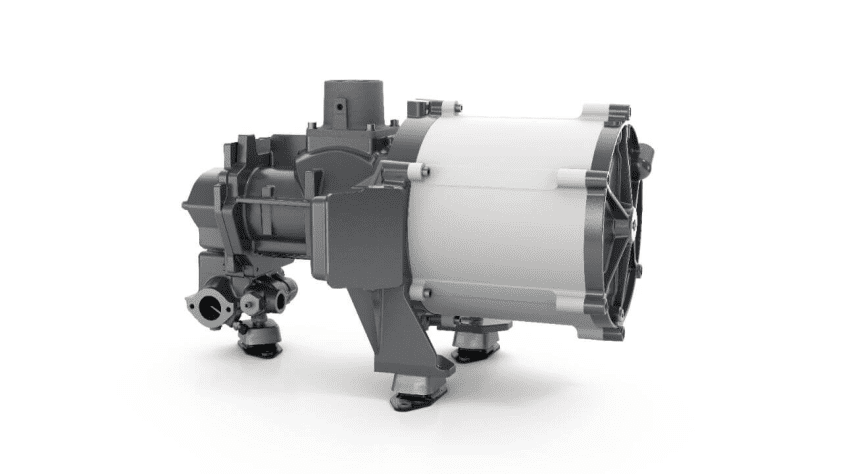 The iPM motor is located on the right side of the compressor drivetrain.